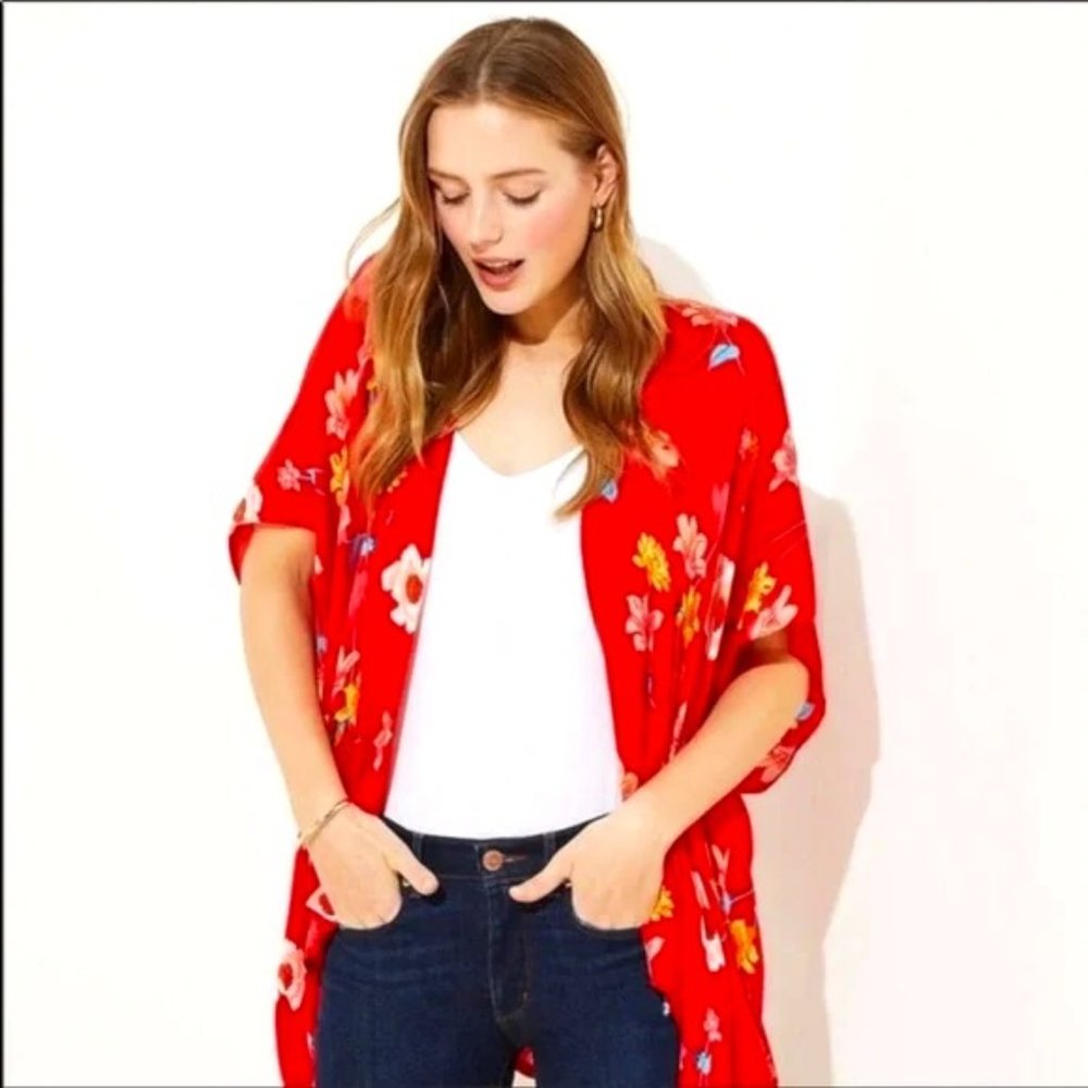 Ann Taylor LOFT Red Floral Kimono Cardigan Wrap, Size M/L